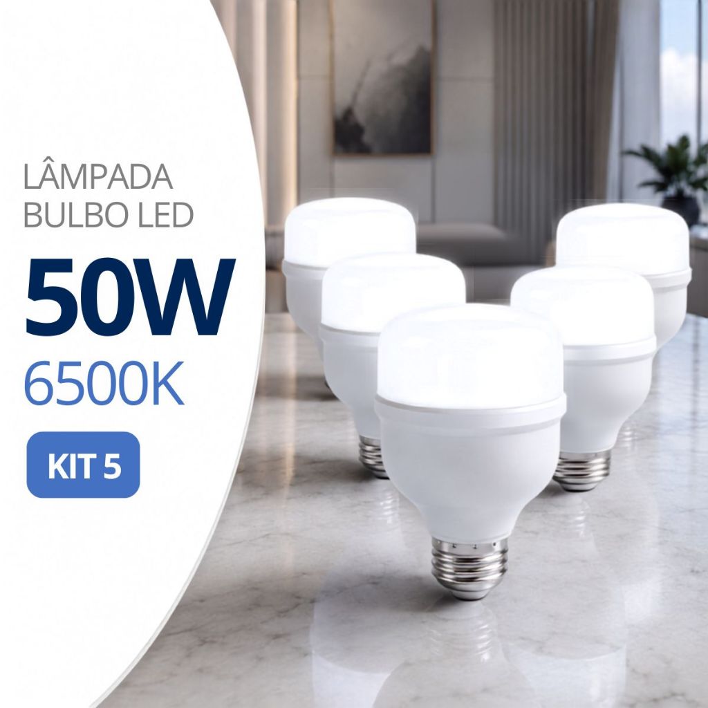 Kit 5 Lâmpada Led Bulbo 50w 6500k Branco Frio Bivolt 110v 220v E27 Alta Potencia Forte Garagem