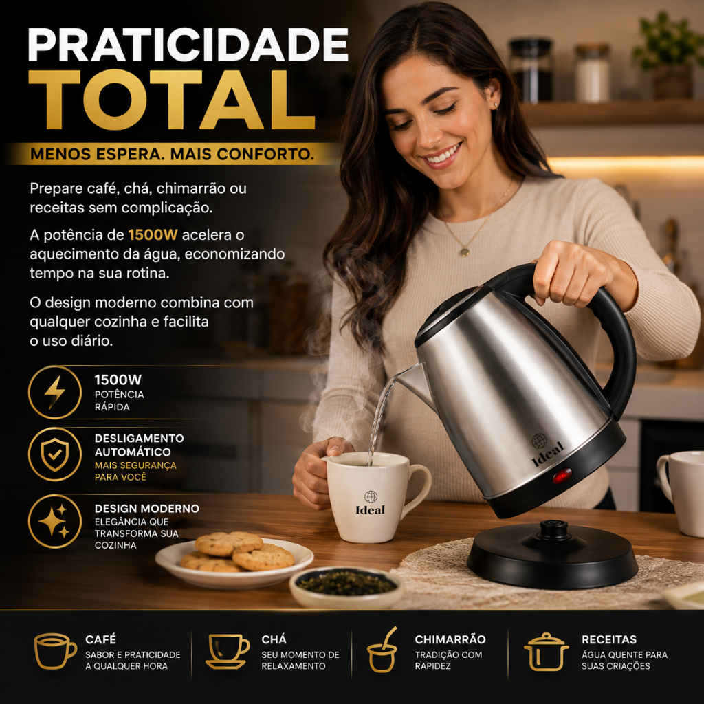Chaleira Eletrica Inox 1,8 Litro Aquecimento Rapido Design Moderno Potencia 1500w 220v