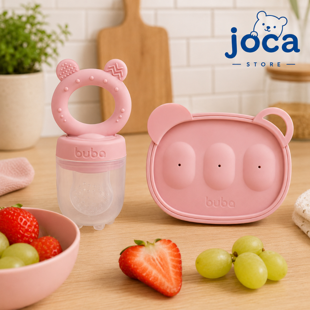 Kit Porta Frutinha Silicone + Forminha de Gelo Buba Rosa
