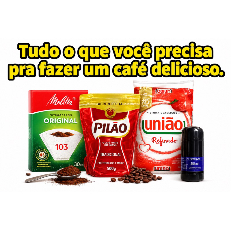 Kit Café Pilão Tradicional 500g Açúcar União Refinado 1kg Filtro de Papel Melitta 103 com 30 Unidades Garrafa Térmica.