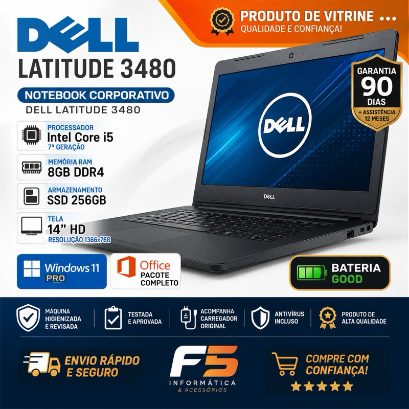 Notebook Dell Latitude 3480 i5 7ª Geração 8GB SSD 256GB Windows 11 Pro Office Completo
