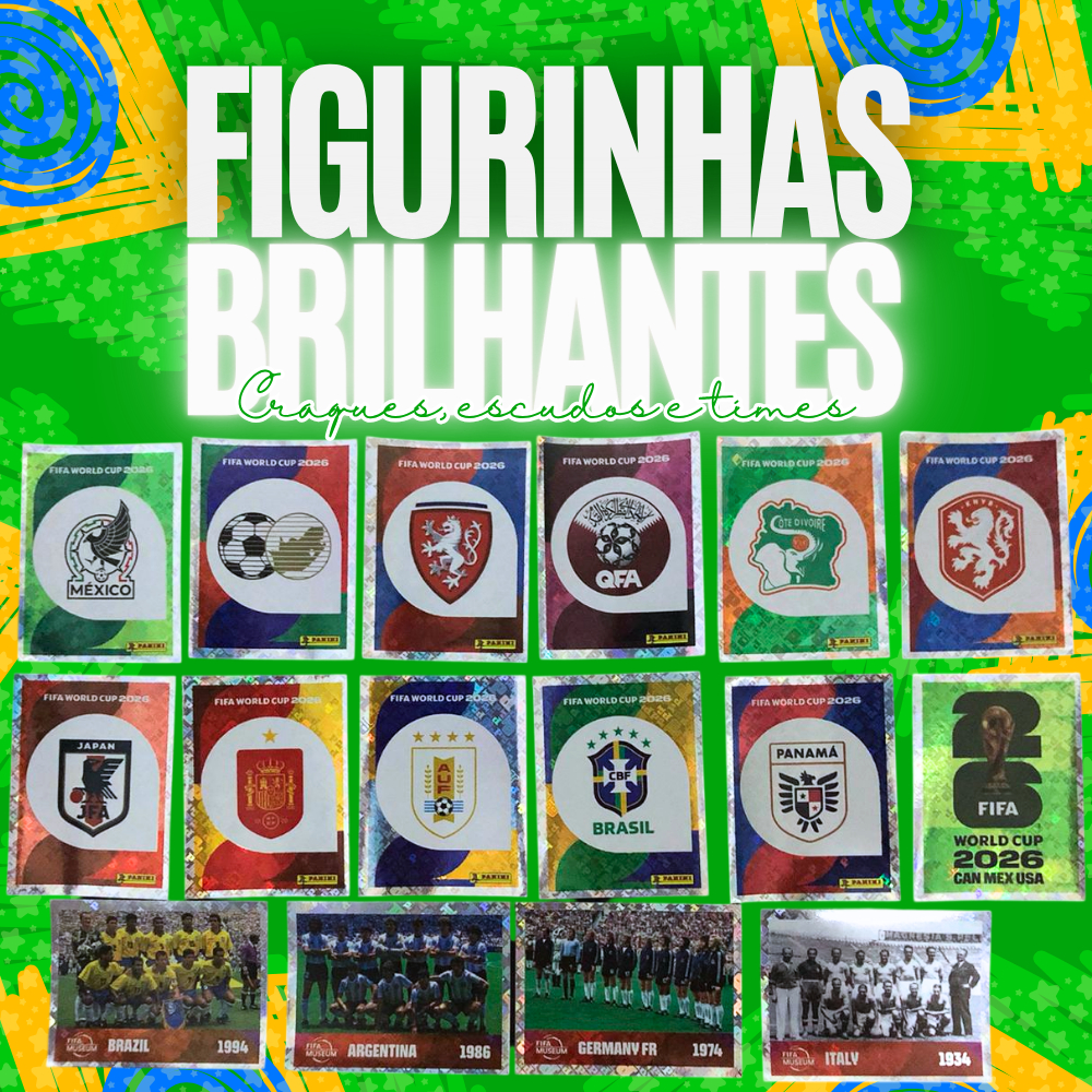 Figurinhas Brilhantes Holográficas Copa do Mundo 2026 Escudos e FWC Especiais Original Panini