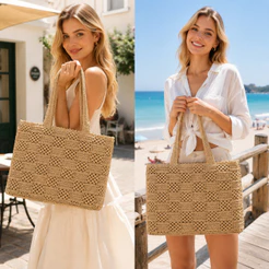 Bolsa Feminina de Ombro Tote Grande Capacidade em Ráfia Trançada Estilo Boho para Praia Verão Viagem e Uso Diário