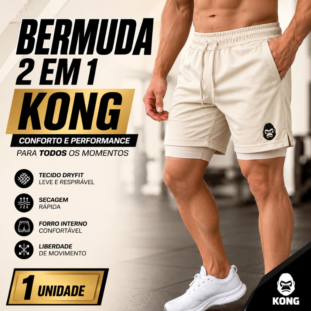 Bermuda 2 Em 1 Masculina Dryfit Kong Com Compressão Bolso Celular Academia Corrida Fitness — imagem 1