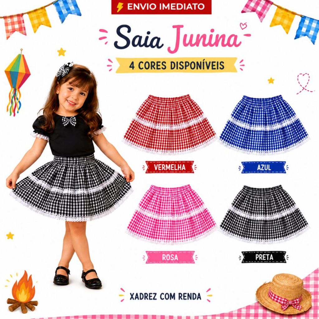 Saia Junina Xadrez Festa Fantasia De Quadrilha Menina Caipira Escola Evento São João