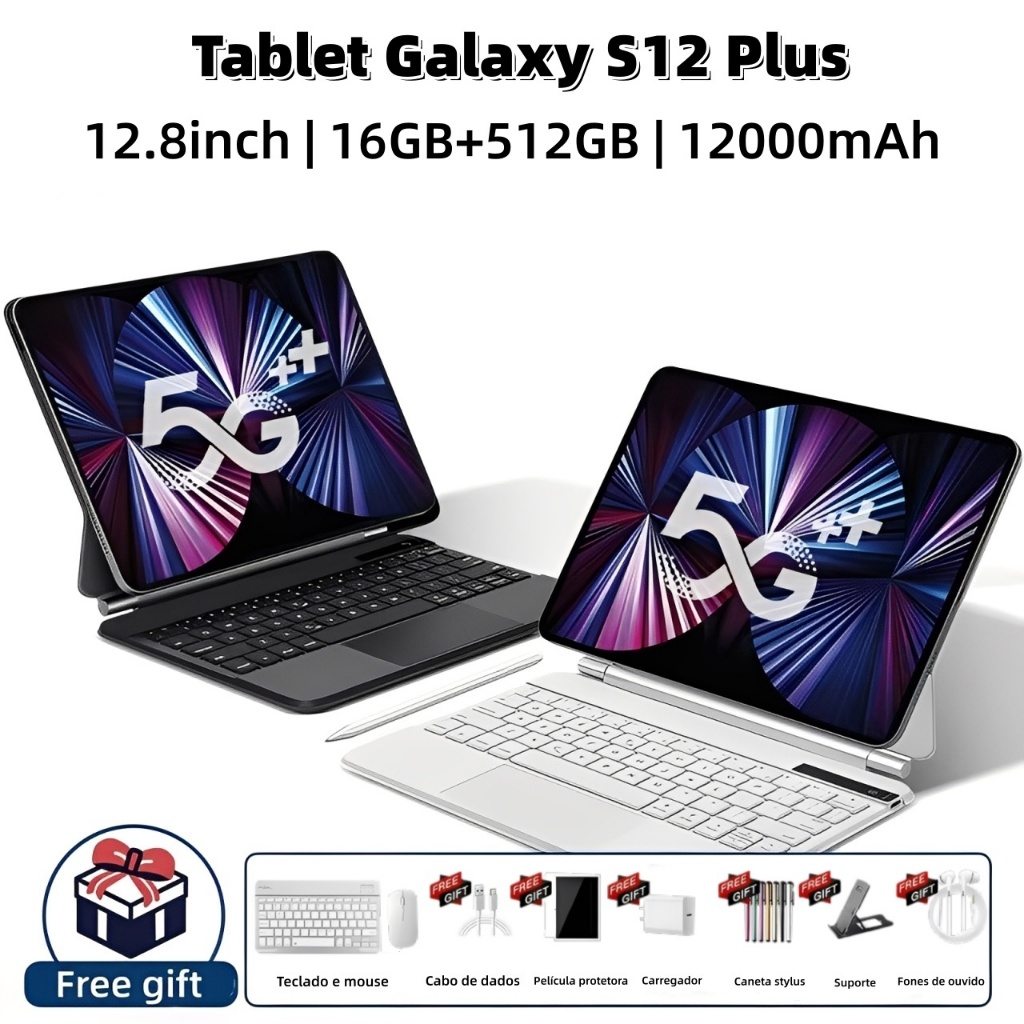 【Teclado e mouse gratuitos】Tablet Galaxy S12  Plus Tab Pad de 12,8 polegadas, 16 GB + 512GB, 12000 …