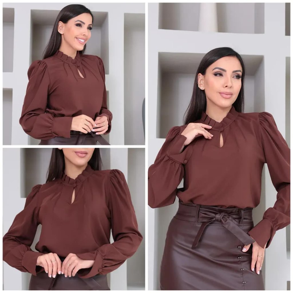 Blusa Feminina social evangélica,blusa elegante com detalhes na gola ,blusa manga comprida com punhos assimétricos punho