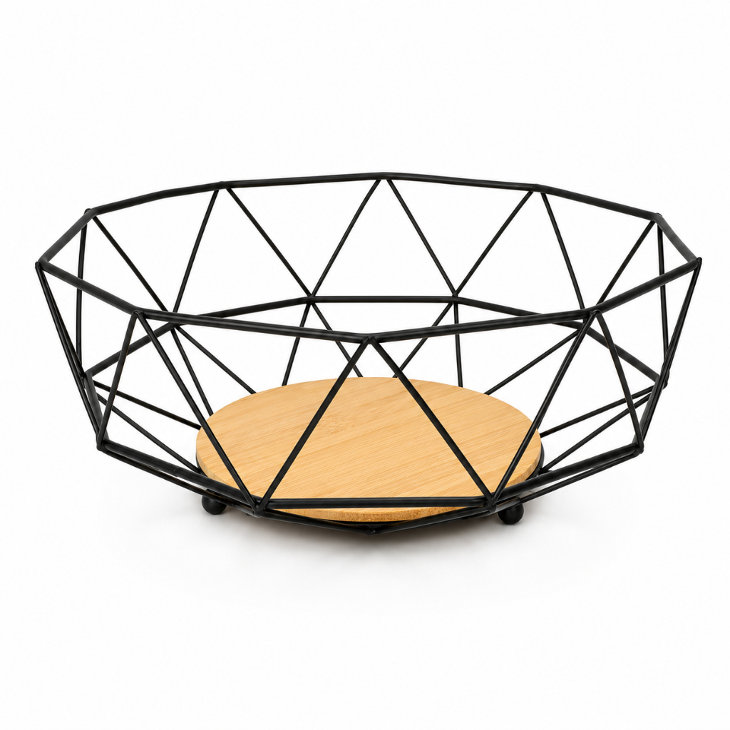 Fruteira de Mesa Bowl Preto Vazada com Suporte de Madeira Escovado Lindo Design