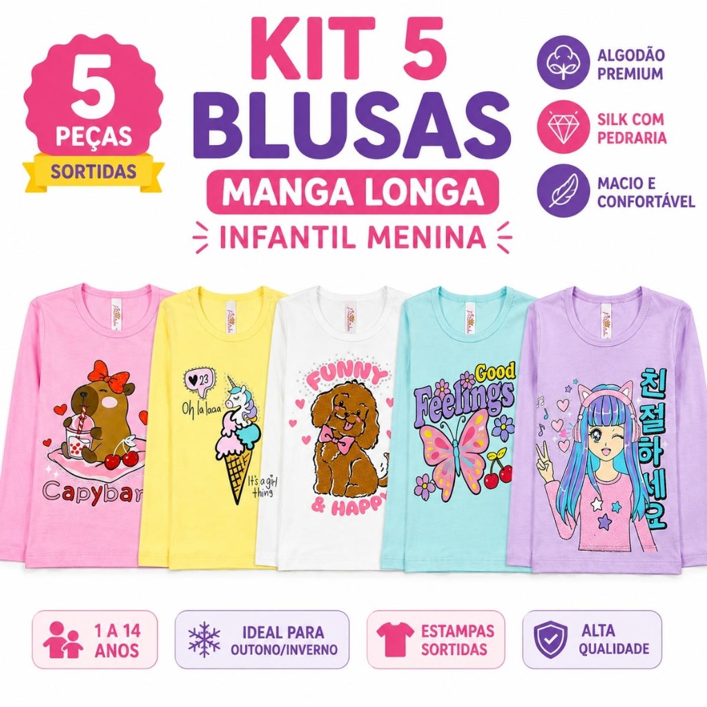 Kit 5 Blusa Manga Longa Infantil Menina Inverno Escolar Criança Algodão Silk Pedraria Cores Sortidas
