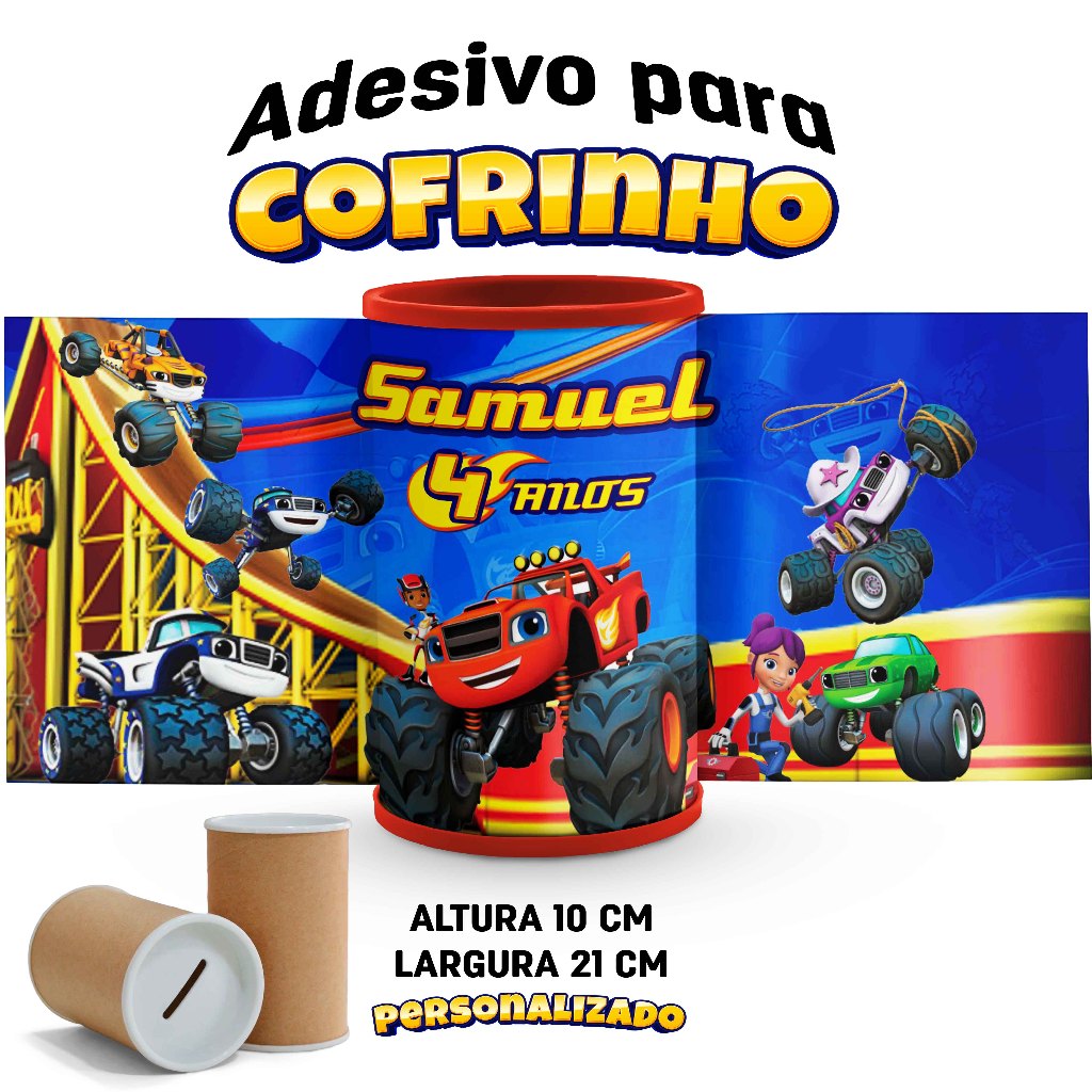 Rótulo adesivo para Cofrinho BLAZE MONSTER MACHINE 10x21 cm  Personalizado Lembrancinhas Infantil, Aniversário