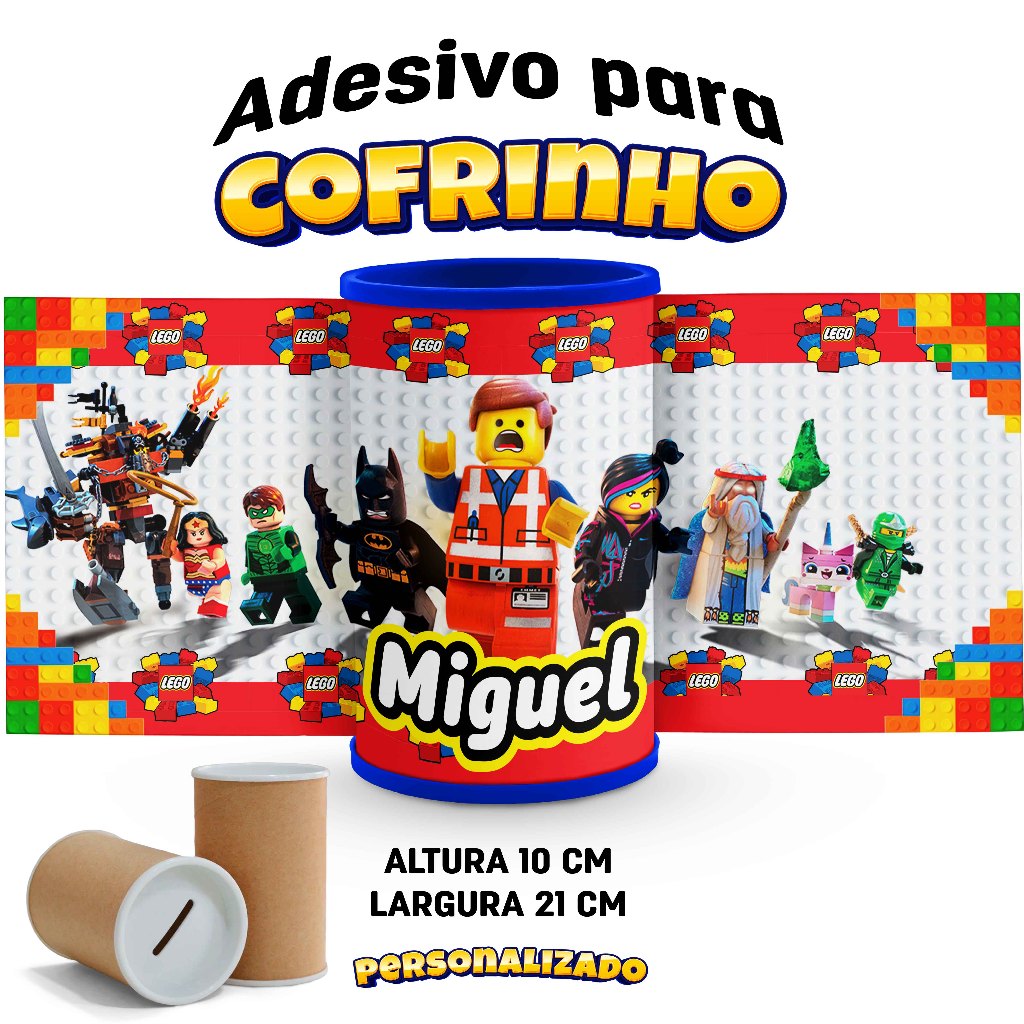 Rótulo adesivo para Cofrinho LEGO 10x21 cm  Personalizado Lembrancinhas Infantil, Aniversário