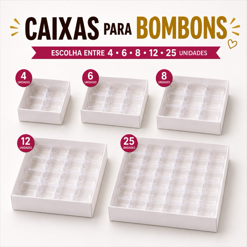 Caixa para Bombom com Berço e com Tampa Transparente Caixas para 4, 6, 8, 12, 25 bombons Confeitaria Premium Chocolate