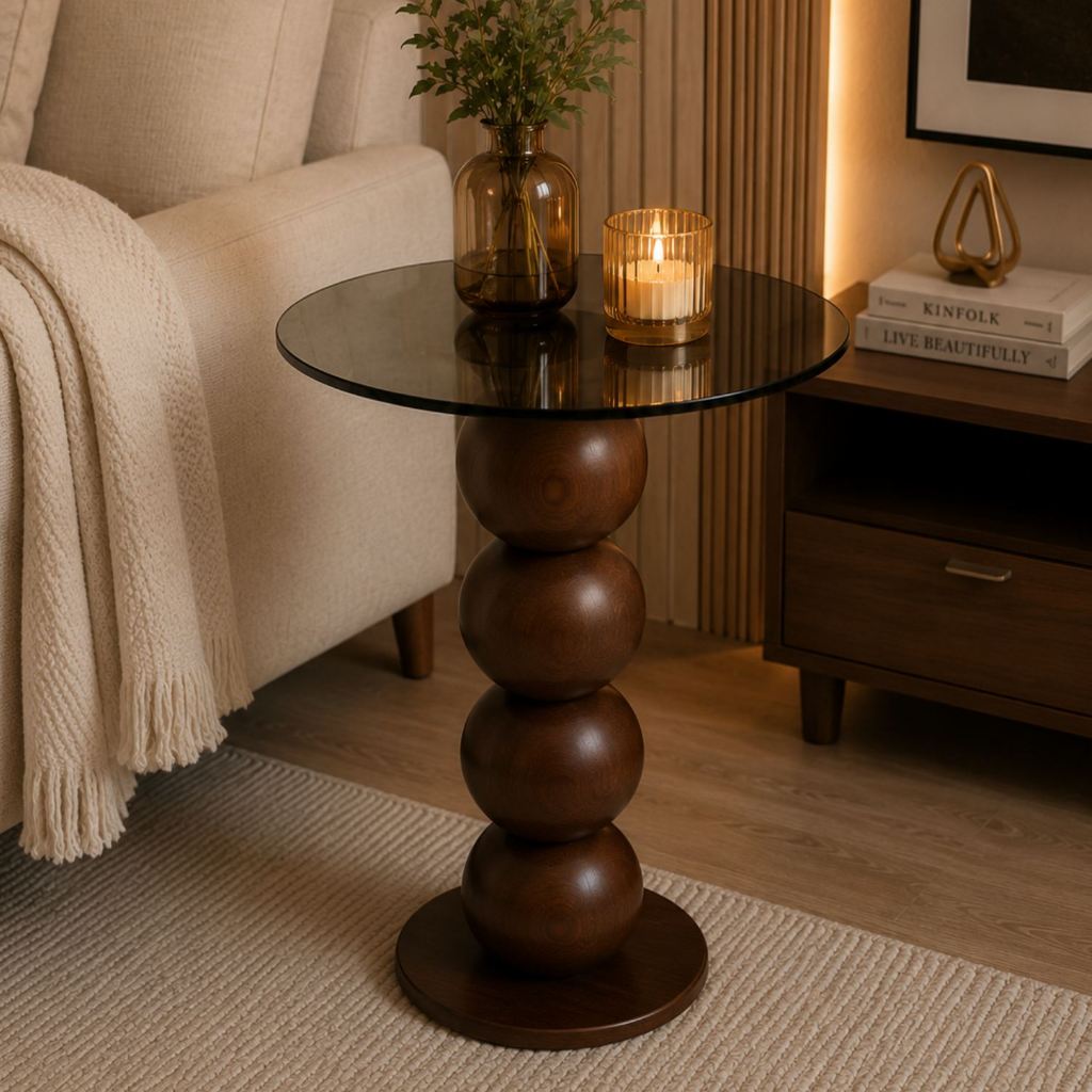 Mesa Lateral Premium Moderna Base Bola em Madeira Maciça e Vidro Castanho