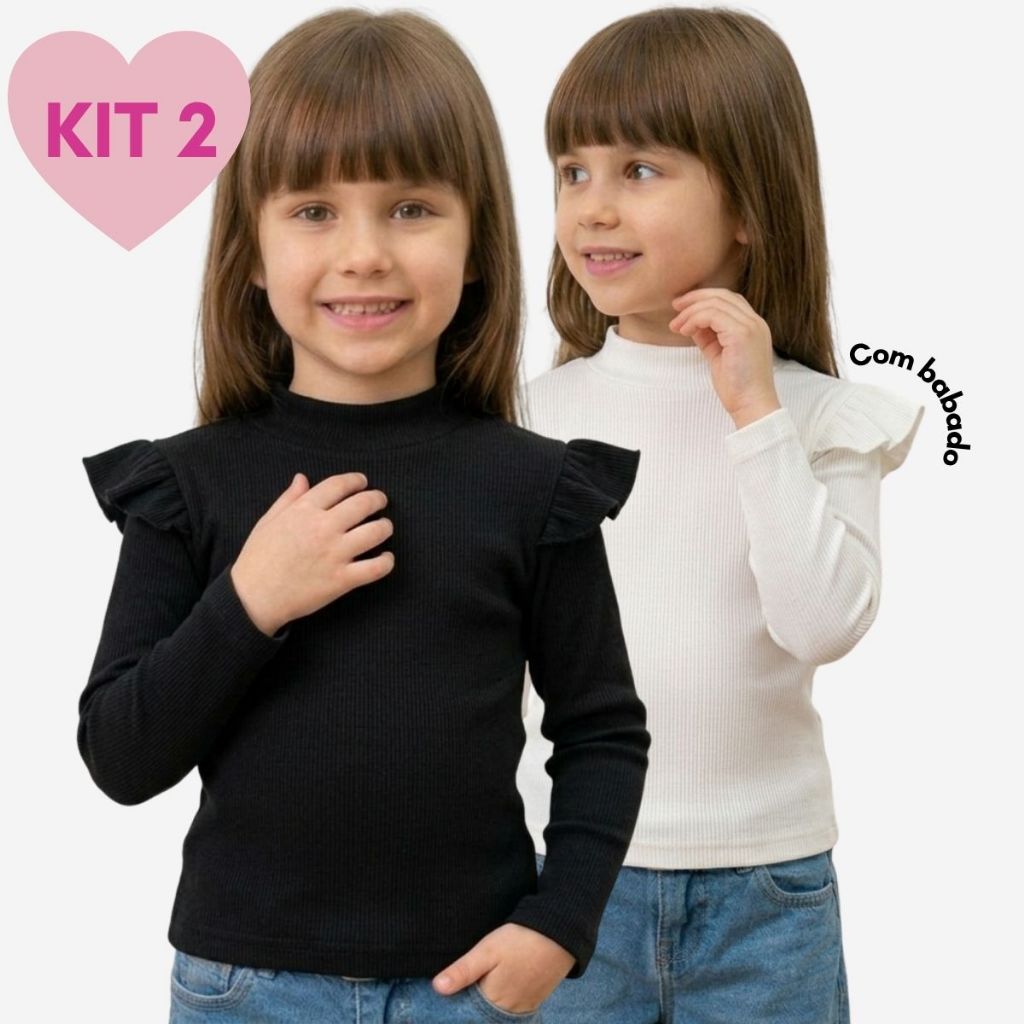 Kit 2 Blusas Infantil Menina Ribana Canelada Babado Ombro Manga Longa Blogueirinha