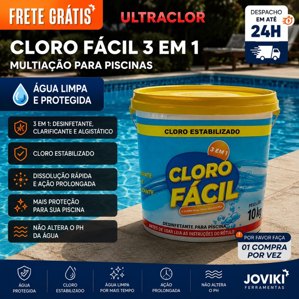Ultraclor Cloro Fácil 10kg 3 Em 1 Piscinas Multiação Balde