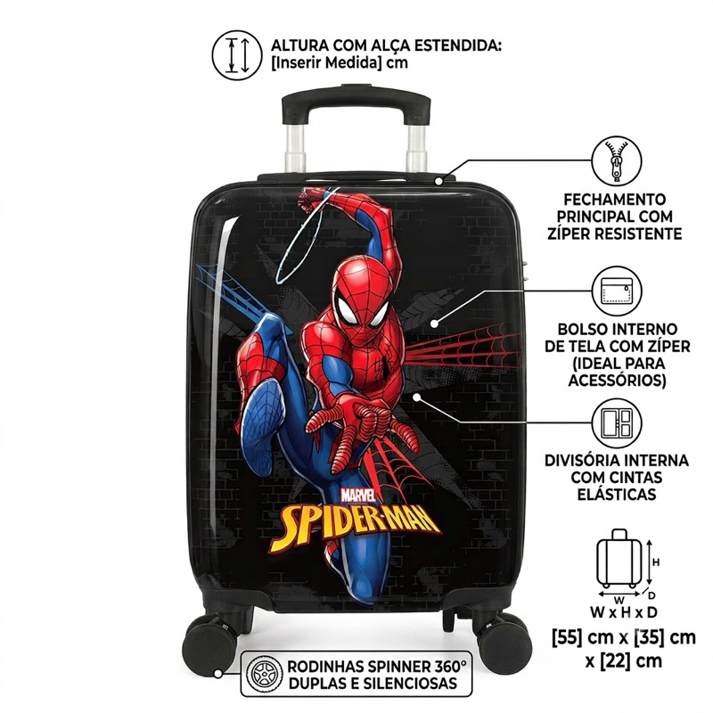 Mala de Viagem Bordo Spider Man 4 Rodas Duplas Giro 360° Infantil Escolar