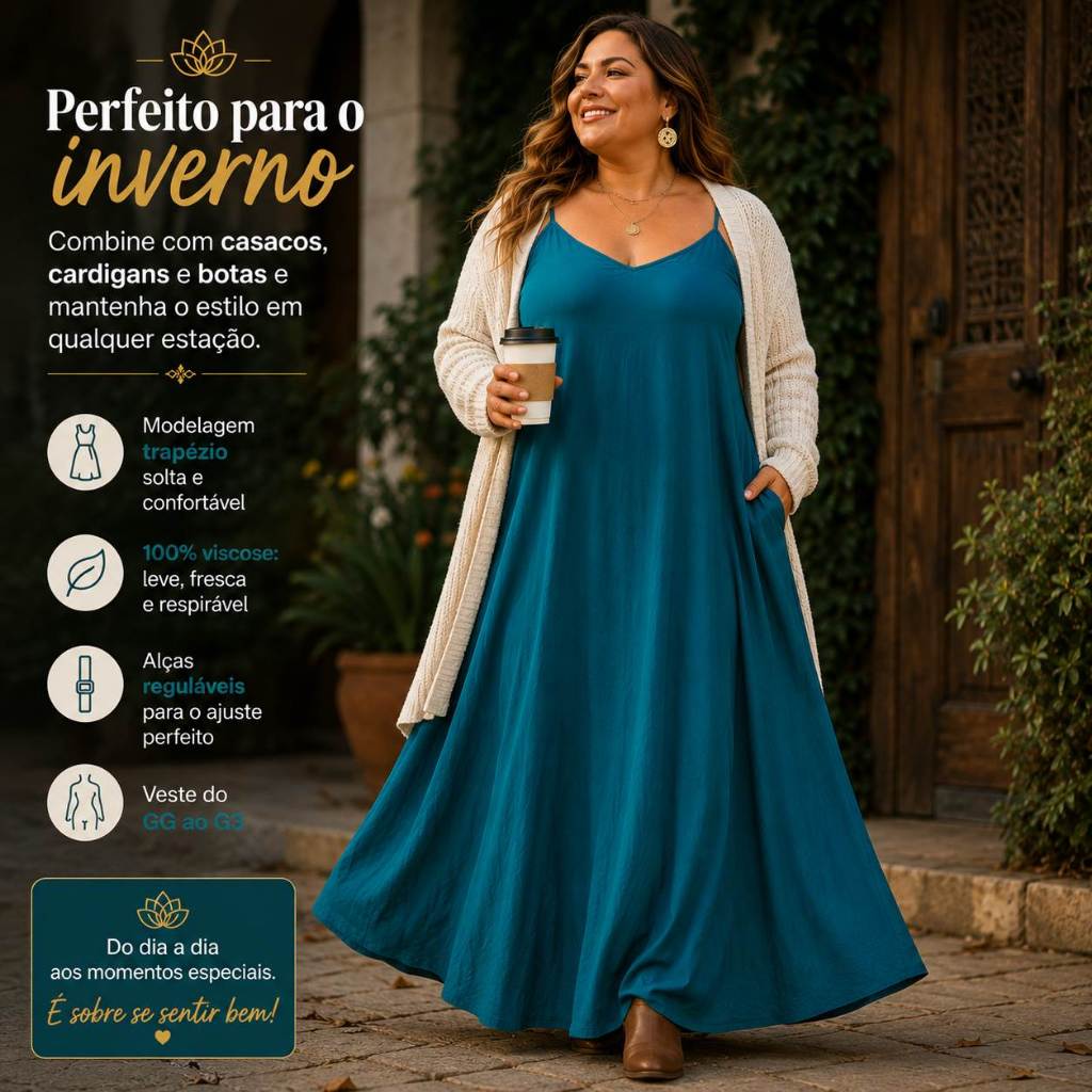 Vestido Longo Trapézio Alça Feminino Indiano com Bolso Plus Size