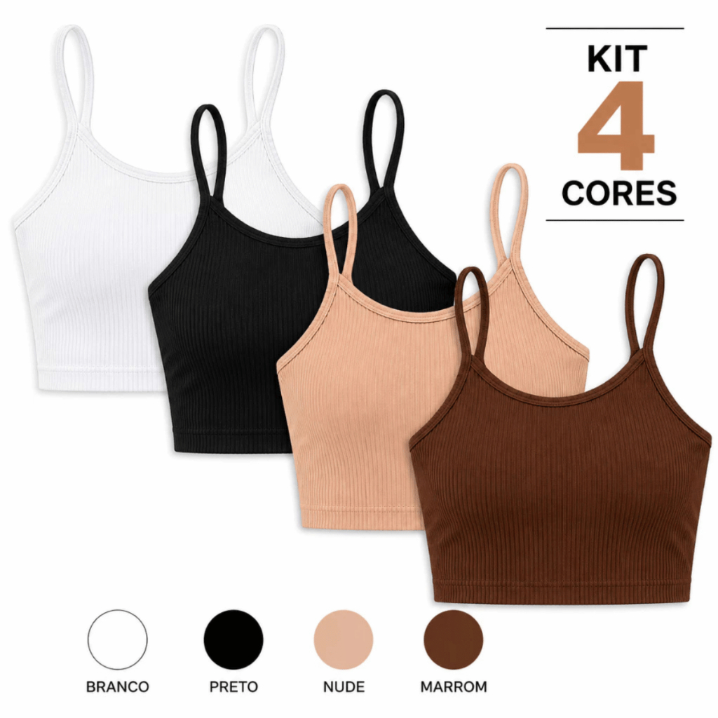 Kit 4 Cropped Feminino Canelado Ribana Alcinha Regata Básica Academia Fitness Casual