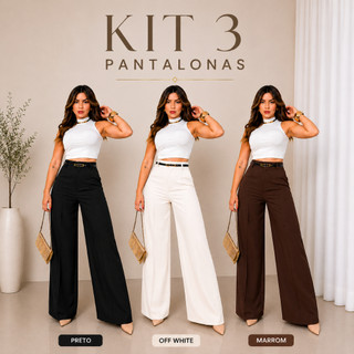 Kit 3 Calça Social Feminina Pantalona Com Cinto Alfaiataria Lançamento Moda Luxo Elegancia Social