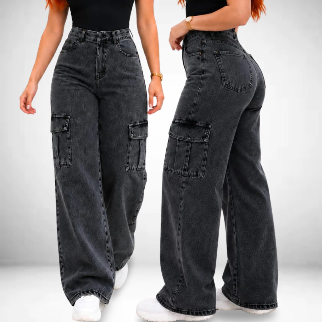 Calça Jeans Feminina Cargo Wide Leg Marmorizada Preta Pantalona Larga - Cintura Alta Premium — imagem 1