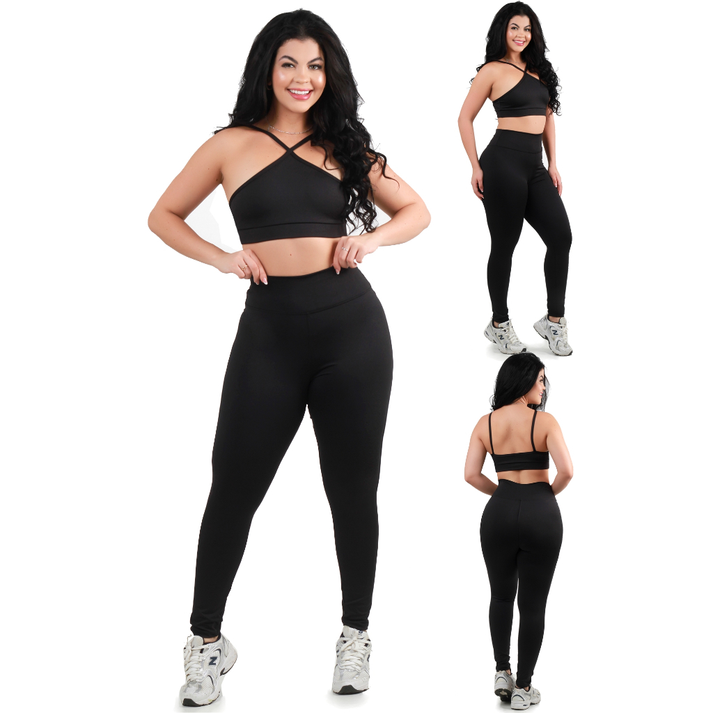 Conjunto Calça Legging e Top Cruzado Alça Cintura Alta Fitness Feminino Academia