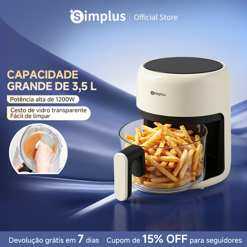 Simplus Air Fryer 10 em 1 3,5L 1200W Sem Óleo Touch Digital, Vidro Fácil de Limpar, Cozimento Saudável, Janela 360° 127V