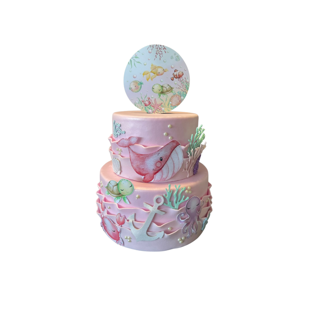 Bolo Fake Fundo do Mar Aquarela Rosa 2 andares Decorativo