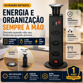 Extensão Retrátil Embutir Mesa 3 Tomadas NBR 14136 + 2 USB Torre de Energia Bancada Escritório UNT-ZC303BC