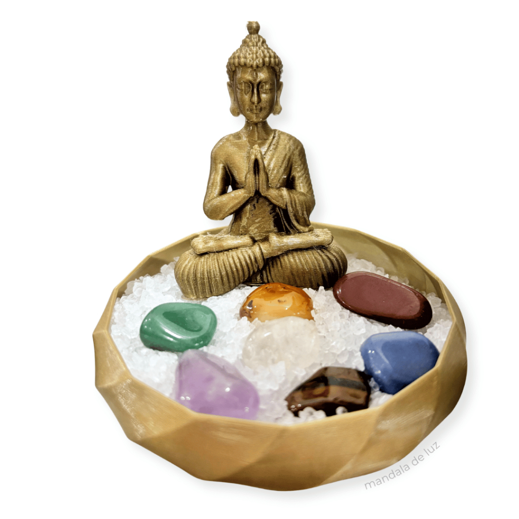 Imagem Combo Estátua de Buda + Recipiente Dourado + Kit 7 Pedras naturais dos chakras + Sal grosso