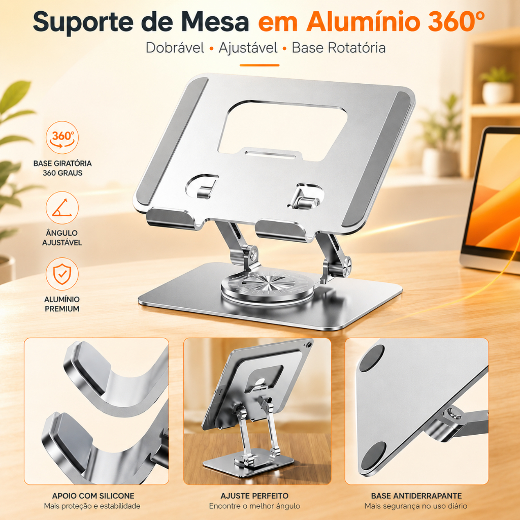 Suporte de Mesa para iPad e Tablet em Alumínio 360º Dobrável Rotativo Ajustável