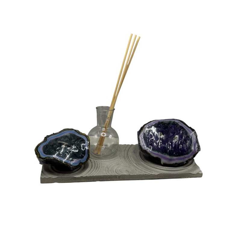 Imagem Kit Porta Velas Geodo com Aromatizador e Bandeja Zen em Gesso, Cimento e Pó de Mármore | Decoração Moderna