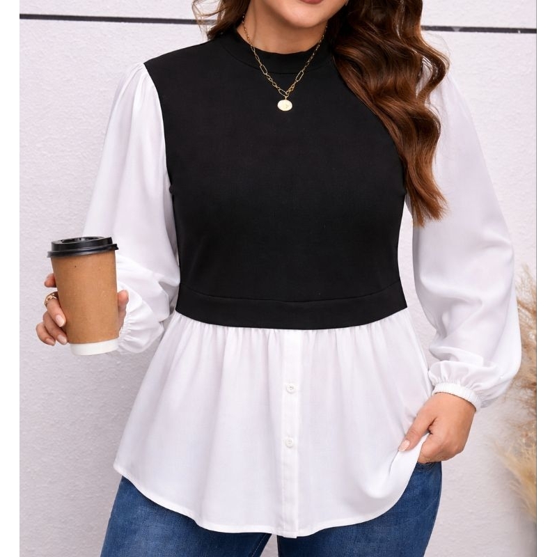 Camisa Feminina Plus Size que Imita Sobreposição.