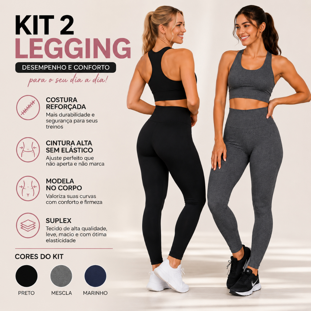 KIT 2 Legging Feminina Fitness Supplex Cos Alto Zero Transparência Compressao Legging Academia Inverno
