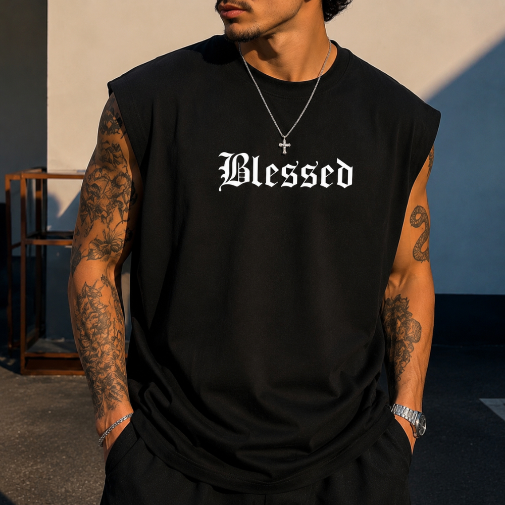 Camiseta Cavada Oversized Blessed Regata Over Streetwear Masculina Unissex Regata Machão
