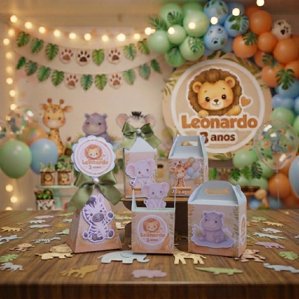 Caixinhas personalizadas com nome para festa infantil - kit aniversário - lembrancinha savana leão - zoológico masculino