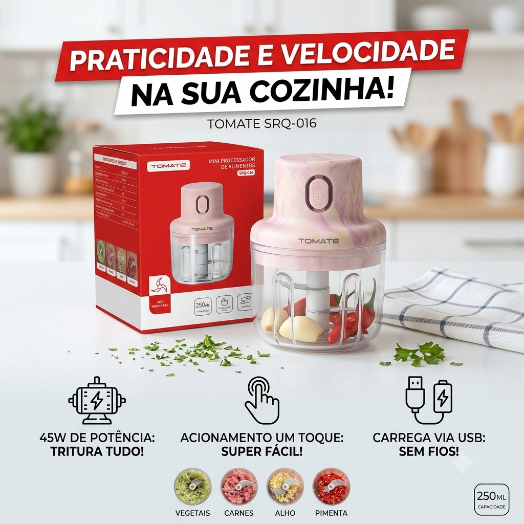 Mini Triturador Elétrico 250ml Processador de Alimentos Portátil Recarregável SRQ-016 para Temperos