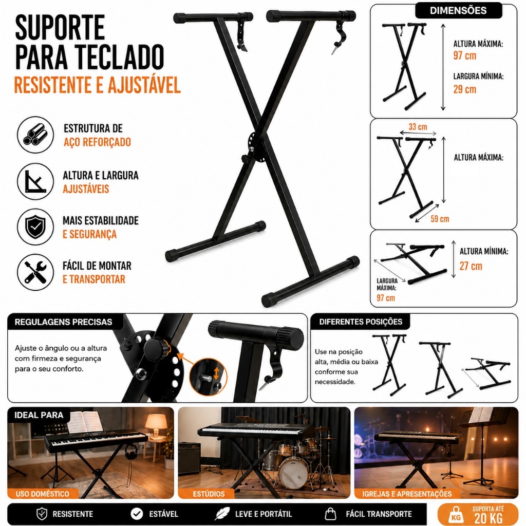 Suporte Pedestal Teclado 7 Niveis Altura Profissional Klx