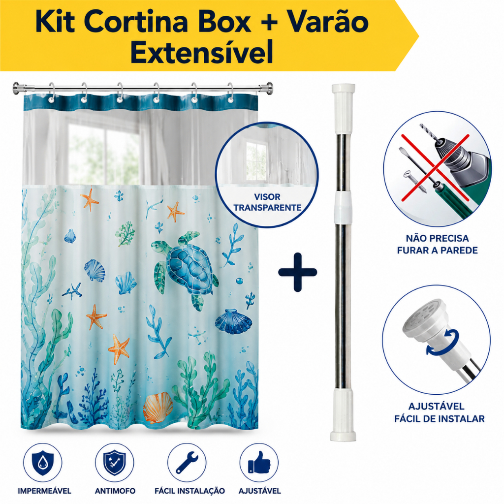 Kit Cortina Box Banheiro + Varão Suporte Extensivel Anti Mofo Com Ganchos Varias Cores