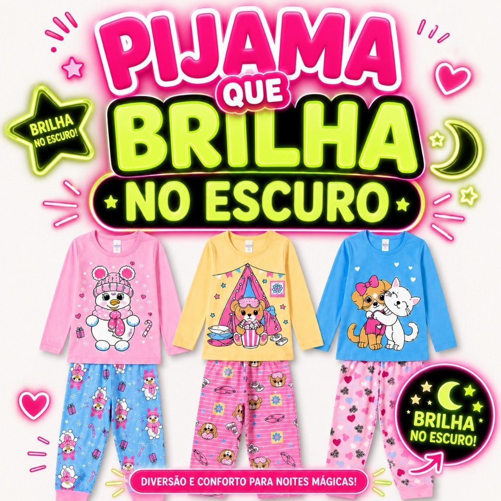 Conjunto Pijama Infantil Feminino de Inverno Manga Longa em Malha Confortável