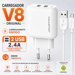 [ORIGINAL] Carregador V8 2 USB 2.4A Carregamento Rápido Compatível Android com Cabo