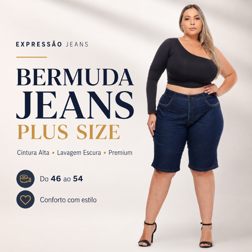 Bermuda Jeans Plus Size feminina cintura alta lavagem escura Premium