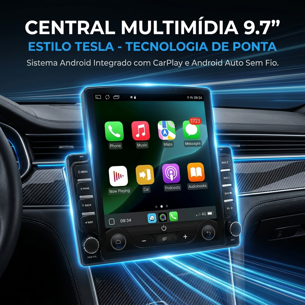 Central Multimídia Android 9.7" 2DIN Tesla Style Octa-Core 4GB RAM + 64GB ROM Wireless CarPlay Wireless Android