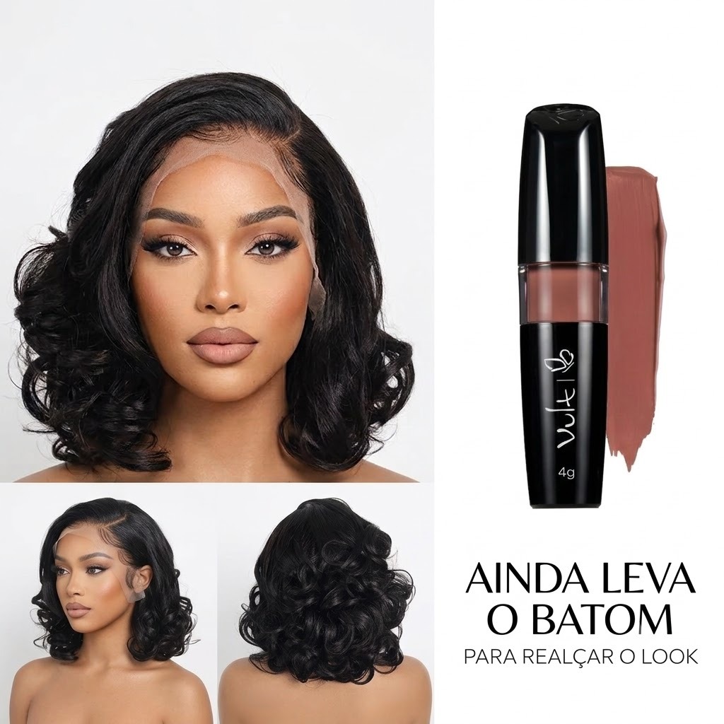 Peruca Lace Wig liso Ondulada preta curta idêntica ao cabelo humano
