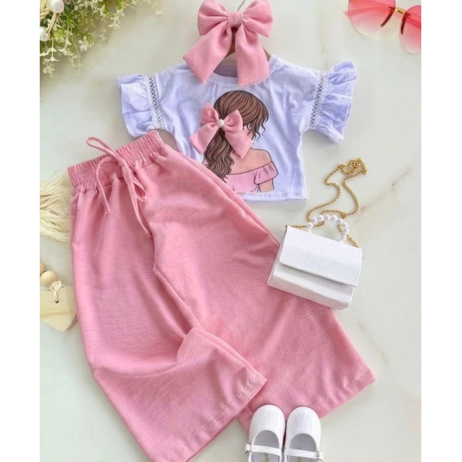 Conjunto Infantil Feminino Blusa Cropped + Calça Pantalona Menina Blogueirinha Estilosa Festa Luxo