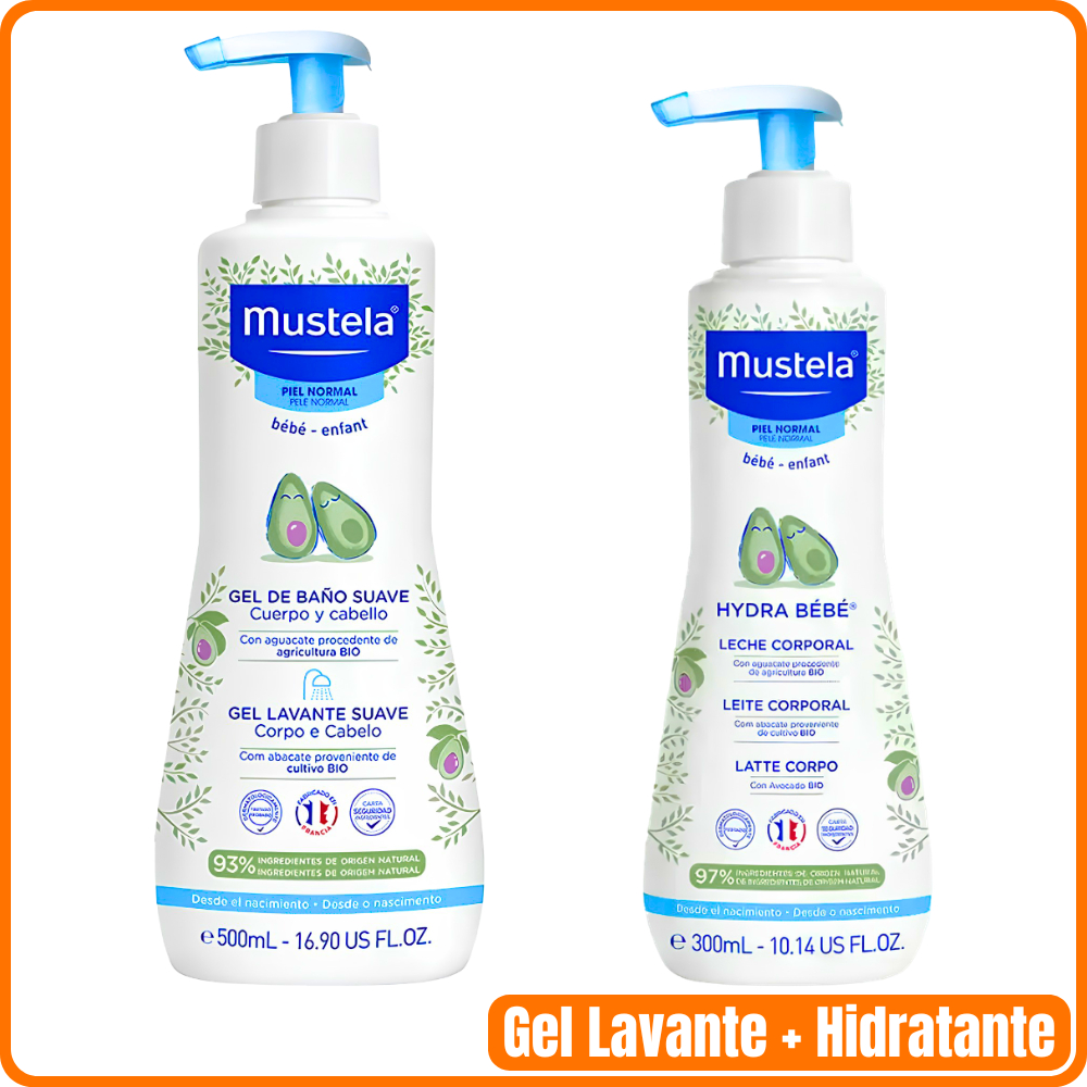 Kit com Gel Lavante Suave Mustela Corpo e Cabelo com 500ml + Loção Hidratante Mustela Hydra Bebê com 300ml