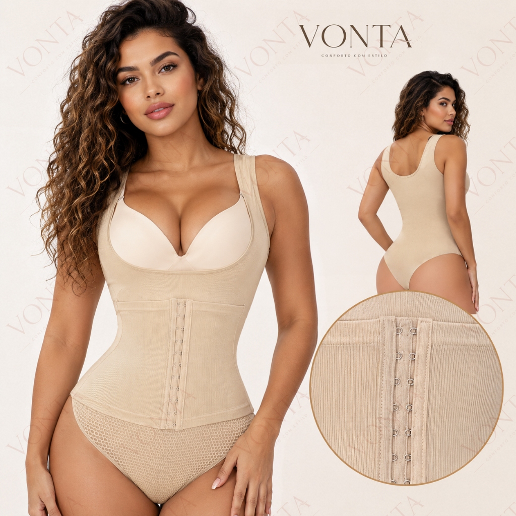 Body Modelador Feminino Cinta Abdominal Alta Compressão Fecho Frontal Alças Largas Modela Cintura VONTA