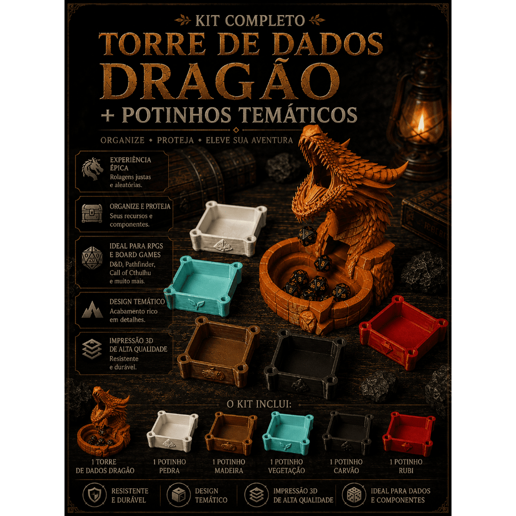 Kit 5 Potinhos Recursos + Torre de dados Personalizada Board Game Rpg Jogos