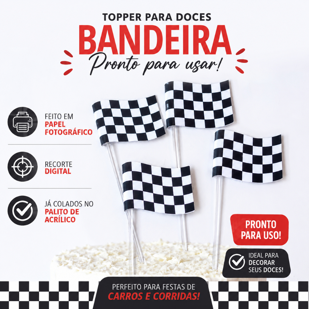 50 topper tag plaquinha para doces festa aniversário corrida bandeirinha preto e branco