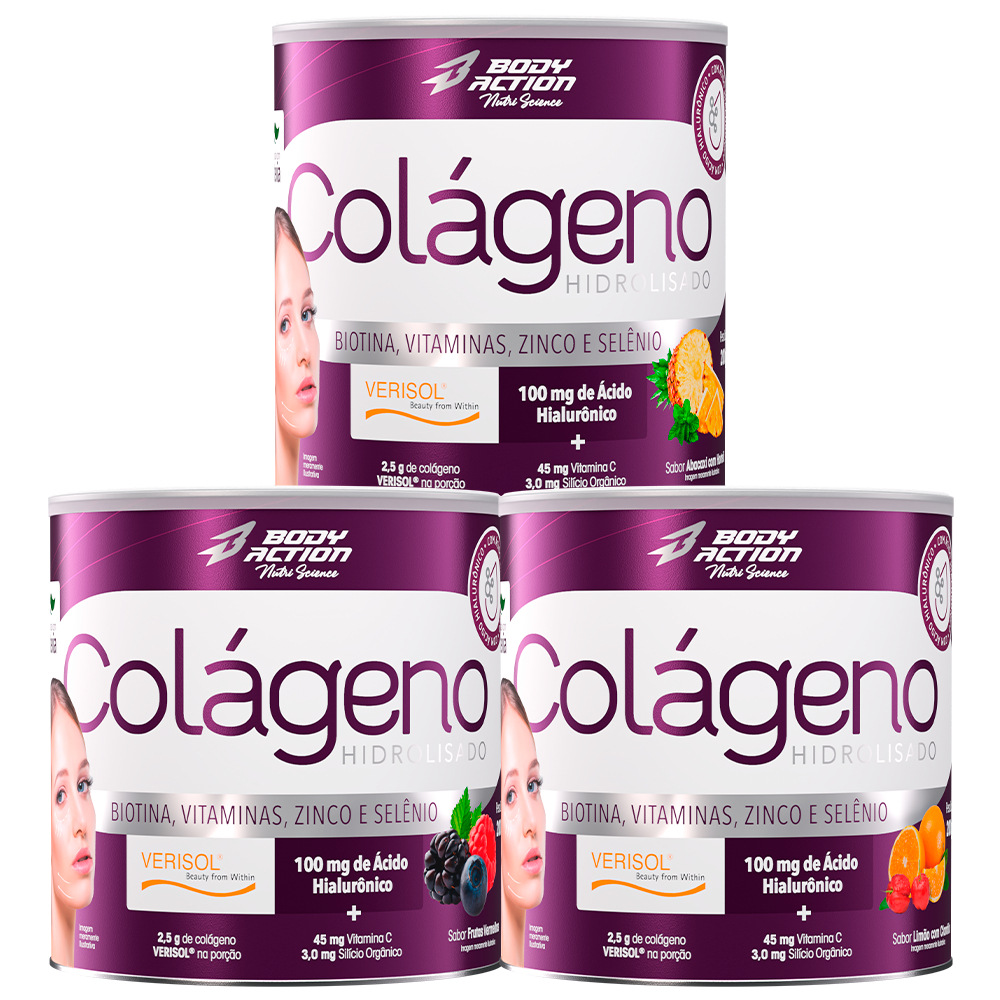 Kit 3x Colágeno Verisol Ácido Hialurônico Pote 200g Com Silício Orgânico e Biotina - Bodyaction