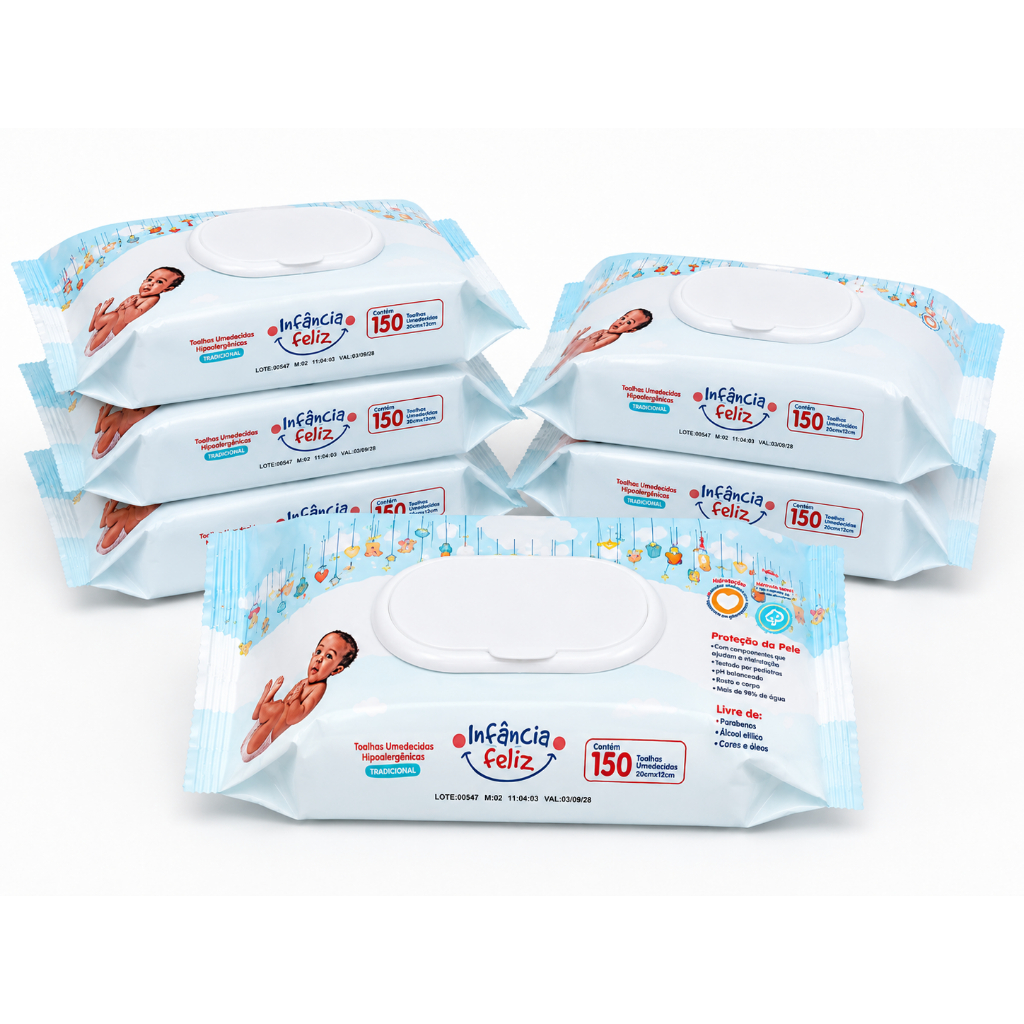 Kit 6 Pacotes Toalhas Umedecidas Infância Feliz 150 Folhas 98% Água Vegano Hipoalergênico Lenço umedecido bebê